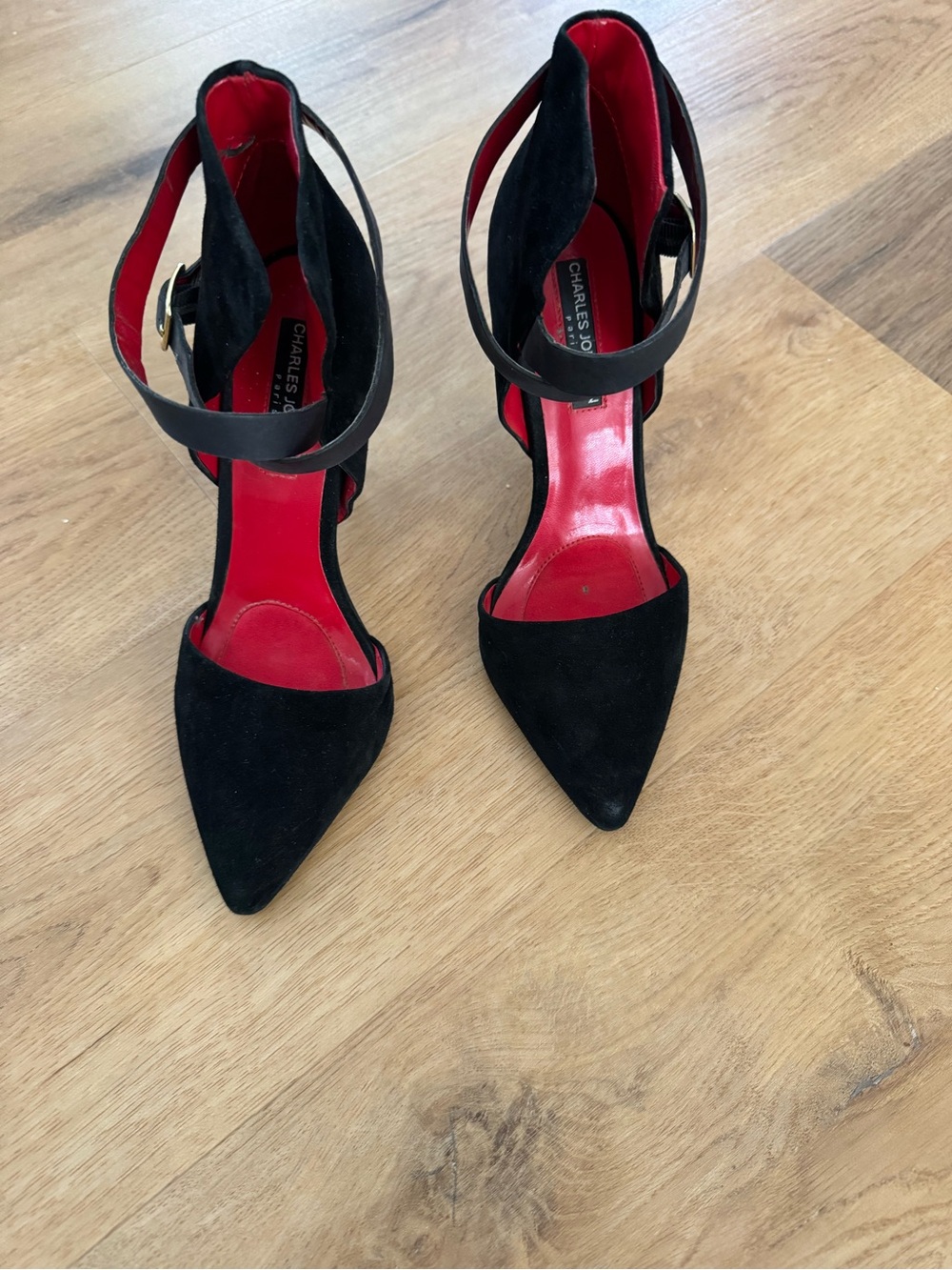 Charles Jourdan Black Suede Pointed Toe Strappy Heels with Red Insole